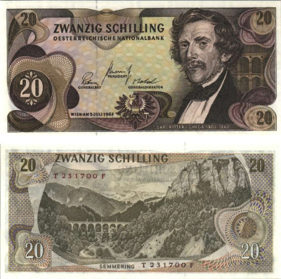 Австрия 20 шиллингов 1967  Pick 142  бумага  UNC (пресс)  8589-10-1-1