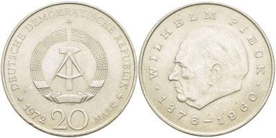 ГДР 20 марок 1972 А, Вильгельм Пик (1876-1960) KM 42 медно-никель 4521-512