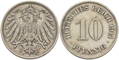ГЕРМАНИЯ 10 ПФЕННИГОВ 1914 J KM 12, J. 13, Weege 8 медно-никель 212-834