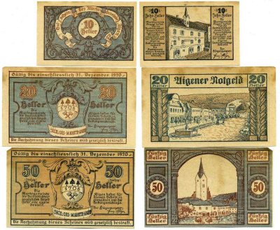 Австрия, Айген набор из 3 банкнот 10, 20, 50 геллеров 1920 31 декабря 1920, нотгельд, земля Штирия   бумага  аUNC  7555-15-3-1