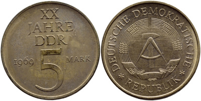 ГДР 5 марок 1969 А, 20 лет ГДР KM 22.1, J. 1524 никель бронза aUNC 59-1232