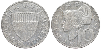 Австрия 10 шиллингов 1957  KM 2882 серебро     4178-1133