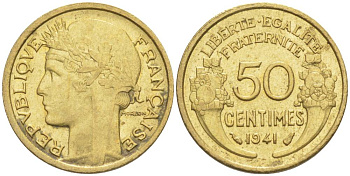 ФРАНЦИЯ 50 САНТИМОВ 1941 ТИП MORLON KM 894.1, LE FRANC 192.18 алюминиевая бронза 44-548