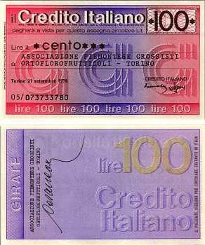 Италия чек на 100 лир 1976 21 сентября 1976, credito Italiano бумага UNC (пресс) 7204-19-1-2