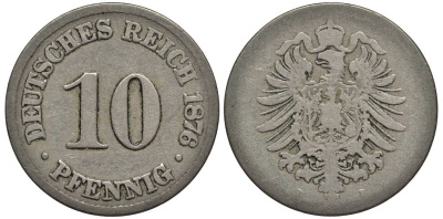 ГЕРМАНИЯ 10 ПФЕННИГОВ 1876 B, СТАРОГЕРБОВКА KM 4, Jager 4, Weege 7 медно-никель 4546-1136