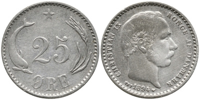 Дания 25 эре 1894 VBP, Кристиан IX (1863-1906) KM 796.2 серебро 100-733