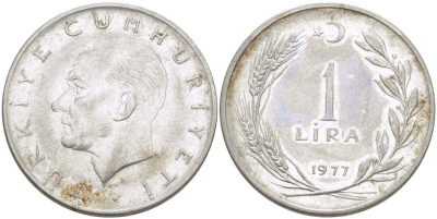 Турция 1 лира 1977 Мустафа Кемаль Ататюрк KM 889а.2 нержавеющая сталь 4517-1132