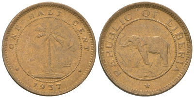 Либерия 1/2 цента 1937 KM 10 латунь aUNC 4585-835