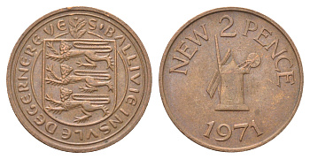 Гернси 2 новых пенса 1971 Елизавета II (1952-2022), ветряная мельница KM 22 бронза 4703-1052