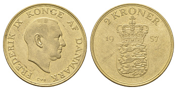 Дания 2 кроны 1957 С, Фредерик IX (1947-1972) KM 838 алюминиевая бронза 71-1436