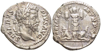 Римская Империя денарий 201 Септимий Север, SEVERVS PIVS AVG, бюст императора / PART MAX M TR P X, два пленника у воздвигнутого трофея, Рим, 3,23 гр RIC 372 серебро 1073-18-71