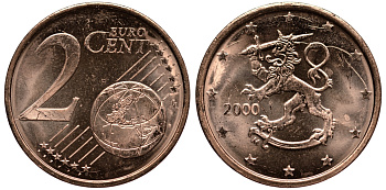 ФИНЛЯНДИЯ 2 ЕВРОЦЕНТА 2000 KM 99 сталь плакированная медью UNC 4181-458