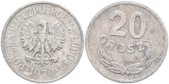 ПОЛЬША 20 ГРОШЕЙ 1970 MW KM А47 алюминий 106-442