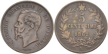 ИТАЛИЯ 5 ЧЕНТЕЗИМО 1862 N, ВИКТОР ЭМАНУИЛ II (1861-1878) KM 3.3 медь 111-925