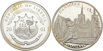 Либерия 20 долларов 2001 серия церкви Европы, Дания серебро PROOF 00-000-00