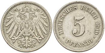 Германия 5 пфеннигов 1910 E KM 11, Jager 12, Weege 6 медно-никель 105-142