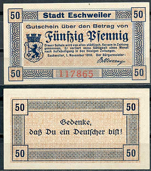 Германия, Эшвайлер 50 пфеннигов 1918 нотгельд, 1.11.1918 бумага UNC (пресс) 8614-46-2-2