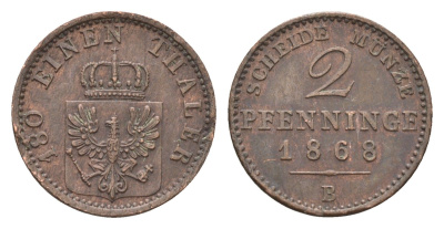 Пруссия 2 пфеннига 1868 B, Вильгельм I (1861-1888) KM 481 медь 4151-1154