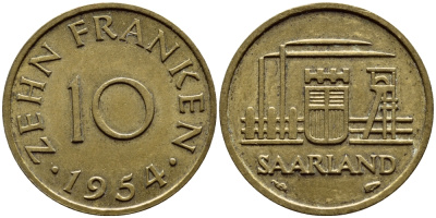 Саарланд 10 франков 1954 индустрия KM 1 алюминиевая бронза 87-231