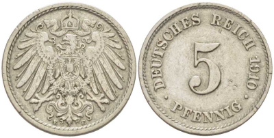 Германия 5 пфеннигов 1910 E KM 11, Jager 12, Weege 6 медно-никель 105-142