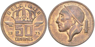 БЕЛЬГИЯ 50 САНТИМОВ 1975 BELGIQUE, БОДУЭН I (1951-1993) KM 148.1 бронза 206-217