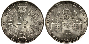 Австрия 25 шиллингов 1968 300 лет со дня рождения Иоганн Лукас фон Хильдебрандт (1668-1745) KM 2903 серебро аUNC 1519-232