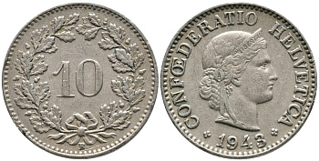ШВЕЙЦАРИЯ 10 РАППЕНОВ 1943 В KM 27 медно-никель 4539-442
