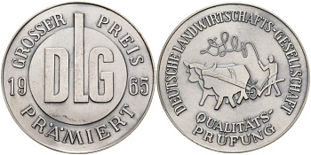 Германия медаль 1965 аудиторское общество по качеству, премирует главным призом DLG, диаметр 61 мм.  белый металл    1069-5-43