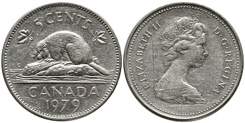 КАНАДА 5 ЦЕНТОВ 1979 ЕЛИЗАВЕТА II (1952-), БОБР, ВТОРОЙ ПОРТРЕТ В КОРОНЕ KM 60.2 никель 4543-651