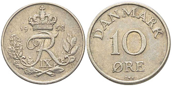 ДАНИЯ 10 ЭРЕ 1958 C;S, ФРЕДЕРИК IX (1947-1972) KM 841,2 медно-никель 201-1218
