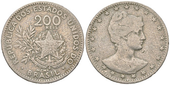 Бразилия 200 реалов 1901 MCMI, голова свободы вправо KM 504 медно-никель 4612-253