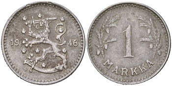 Финляндия 1 марка 1946 S KM 30b железо 4613-1116