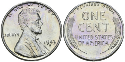 США 1 цент 1943 S (Сан-Франциско), Авраам Линкольн KM 132 a сталь плакированная цинком 96-1166