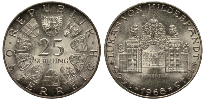 Австрия 25 шиллингов 1968 300 лет со дня рождения Иоганн Лукас фон Хильдебрандт (1668-1745) KM 2903 серебро аUNC 1519-232