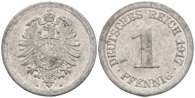 Германия 1 пфенниг 1917 A KM 24, J. 300, Weege 2 алюминий 4151-1227