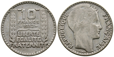 Франция 10 франков 1932 Пьер Тюрен KM 878, Le Franc 360.5 серебро 93-157