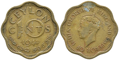 ЦЕЙЛОН 10 ЦЕНТОВ 1944 ГЕОРГ VI KM 118 никель латунь 34-822