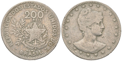 Бразилия 200 реалов 1901 MCMI, голова свободы вправо KM 504 медно-никель 4612-253