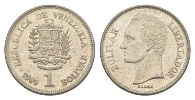 Венесуэла 1 боливар 1989 Симон Боливар, тонкий шрифт Y 52a.1 сталь плакированная никелем 4589-835