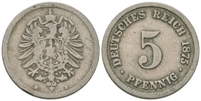 Германия 5 пфеннигов 1875 В, старогербовка KM 3, J.3 медно-никель 4385-636