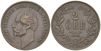 Швеция 2 эре 1858 Оскар I (1844-1859) KM 688 медь 110-651