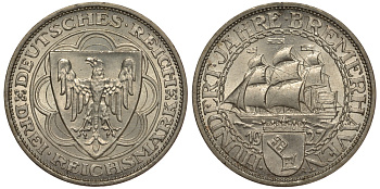 Германия 3 марки 1927 A, 100 летие основания Бремерхафена J. 325, KM 50 серебро 00-804-66