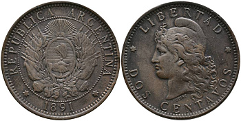 Аргентина 2 сентаво 1891 голова свободы влево KM 8 бронза 4531-1023