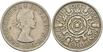 Великобритания 2 шиллинга (флорин) 1956 Елизавета II (1952-2022) KM 906, Spink 4146 медно-никель 38-231