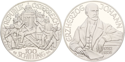 Австрия 100 шиллингов 1994 Эрцгерцог Иоганн, в коробке, с сертификатом подлинности KM 3020 серебро PROOF 3-4-4-07