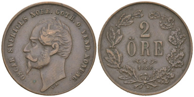 Швеция 2 эре 1858 Оскар I (1844-1859) KM 688 медь 110-651