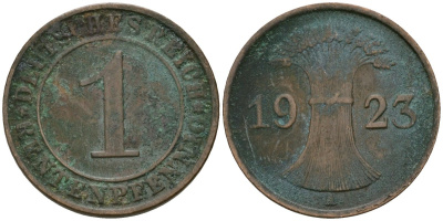 Германия 1 рентенпфенниг 1923 A KM 30, J. 306 бронза 4608-261