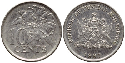 Тринидад и Тобаго 10 центов 1997 цветок гибискуса KM 31 медно-никель 4396-915