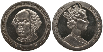 ОСТРОВ МЭН 1 КРОНА 1989 200 ЛЕТ ИНАУГУРАЦИИ ПРЕЗИДЕНТА ВАШИНГТОНА, ГОЛОВА ВАШИНГТОНА KM 247 медно-никель UNC 1078-4-42