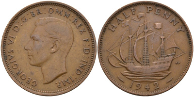 Великобритания 1/2 пенни 1942 Георг VI (1936-1952) KM 844, Spink 4115 бронза 4153-825